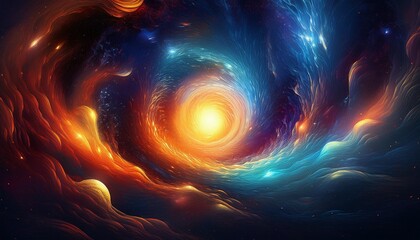 Poster - Abstract cosmic swirl with vibrant colors and a glowing central light creating a sense of depth and movement in space