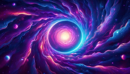 Poster - Abstract cosmic vortex with vibrant colors, swirling patterns, and celestial elements, creating a sense of depth and movement in space