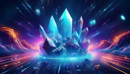 Poster - vibrant crystal formation surrounded by glowing energy beams in a surreal landscape with colorful li