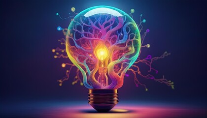 Poster - Colorful light bulb with intricate neon branches symbolizing creativity, technology, and innovation against a dark backdrop