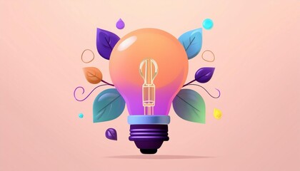 Poster - Colorful light bulb surrounded by vibrant leaves and abstract shapes on a soft pink background, symbolizing creativity and innovation