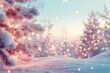 © Dzikrul Husnani - merry christmas background featuring a snow-covered landscape with a decorated pine tree on the left, twinkling fairy lights, and a clear blue sky, ample copy space on the right, high detail, ai