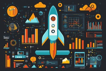 Aufkleber - Startup Business Growth Strategy,  Rocket Launch With Charts.