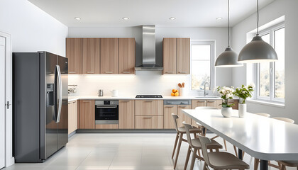 Wall Mural - Interior of light kitchen with stylish fridge, white counter and dining table isolated with white highlights, png