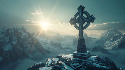Wall Mural - majestic celtic cross on a snow-covered mountaintop at sunrise, overlooking a vast valley