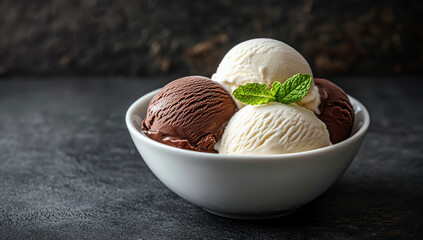 A single scoop of chocolate ice cream placed delicately on top of two vanilla scoops in a bowl