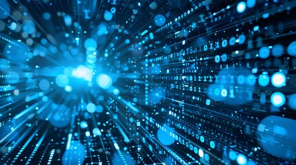Poster - Abstract Digital Background with binary code and glowing blue lights, representing data, technology and the future.