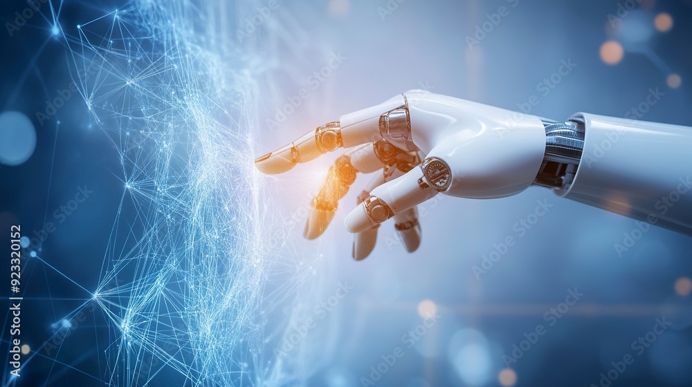 Hands of robot and human touching on big data network connection ...