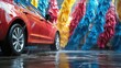 © Екатерина Чумаченко - A car wash in action, showcasing the cleaning process with vibrant soap suds and water jets.