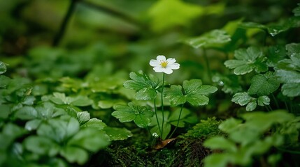 A lush green forest is home to a small white flower and a mushroom perched atop it, surrounded by an abundance of leaves