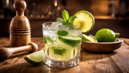 Caipirinha Cocktail. A Refreshing Caipirinha Cocktail, With Ice Cubes, Lime Slices And Mint Leaves, On A Rustic Wooden Table. In The Background A Mortar To Prepare The Cocktail.