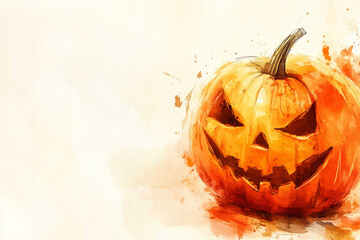 Wall Mural - Watercolor Halloween pumpkin on beige background with copy space