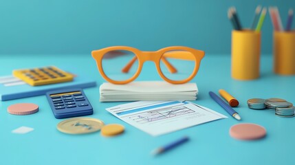 Aufkleber - Financial planning concept with glasses, calculator and coins.