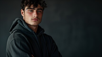 A young man in a black hoodie stands with his arms crossed against a dark background