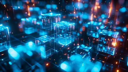 Poster - Abstract background with blue glowing cubes and glass blocks in motion, representing the concept of data flow or futuristic technology