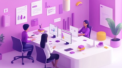 Poster - Three people working together at a desk.