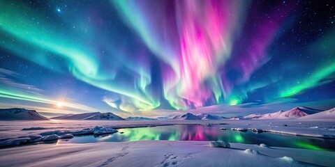 Poster - Pink aurora borealis dancing over a stunning ice and snow landscape, pink, aurora borealis, northern lights, ice, snow, landscape