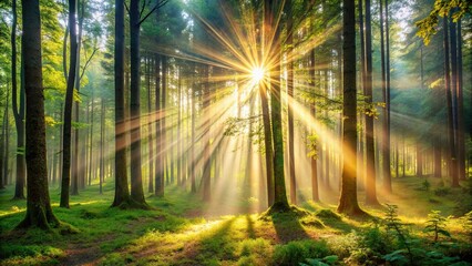 Wall Mural - Magical light shining through trees in a forest, light, play, forest, nature, sunlight, trees, shadows, enchanting, tranquil