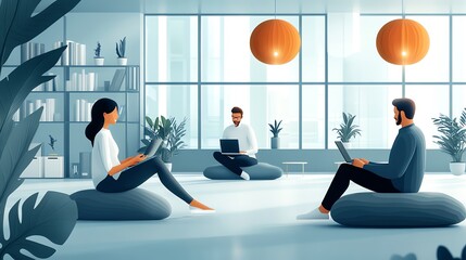Aufkleber - Modern Office Workspace with People Working on Laptops.