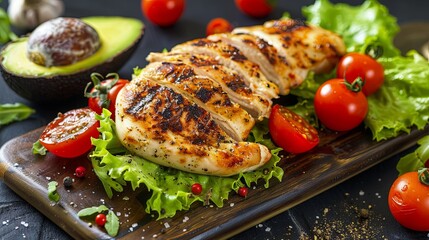 Grilled chicken meat and fresh vegetable salad of tomato, avocado, lettuce background