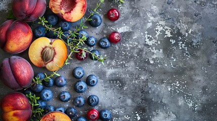 Wall Mural - tasty and fresh marinated nectarine, blueberries with pieces of thyme background