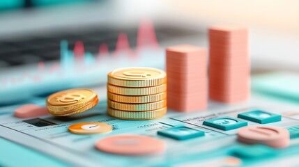 Aufkleber - Gold Coins Stacked on a Financial Report.
