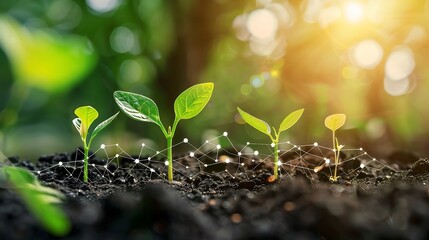 Wall Mural - close-up view of small plants growing out of the soil with a network of connections between them. th