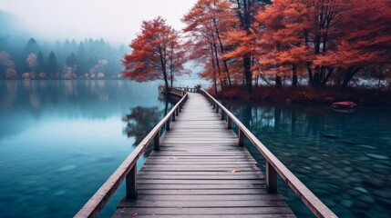 Wall Mural - Old wooden pier at foggy sunset and blue water. Long exposure, linear perspective. Neural network ai generated art