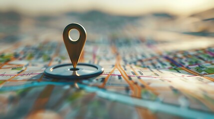 Poster - Golden Pin stands on a city map highlighting a specific location and symbolizing travel and exploration.