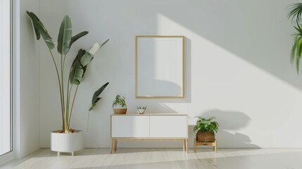 Wall Mural - A minimalist interior features a framed blank canvas, lush green plants, and sleek furniture bathed in natural light.