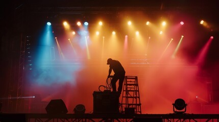 Stage technician working with equipment under a vibrant array of stage lights creates a dynamic pre-concert scene.