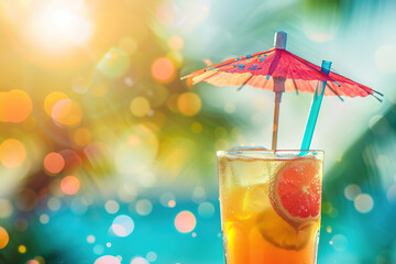 Freshly tasty cocktail with citrus in glass with umbrella on blurred seashore background with bokeh