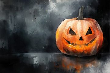 Wall Mural - Watercolor Halloween pumpkin on black background with copy space