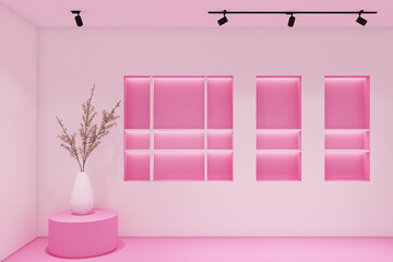 3d render of illustration of minimal display shelves mockup design. Pink floor, pink wall and white ceiling. Set 2