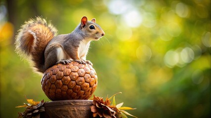 Poster - Squirrel happily perched on a giant acorn, squirrel, big, nut, cute, animal, rodent, fluffy, tree, autumn, forest, wildlife, nature