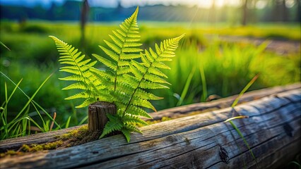 Wall Mural - Lush fern plant growing near wooden beam in grassy field, ferns, green, leaves, branches, plant, growth, nature, wood, beam