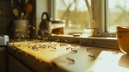 Numerous flying and crawling ants invade a sunlit kitchen creating a scene of disruption and unease amid the morning calm.