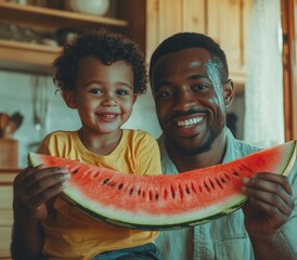 A boy son eating organic food in the kitchen with mother and father preparing a healthy diet and eating at home, while parents prepare organic food.