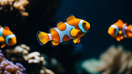 Poster - Closeup of three 3 clownfish yellow fish in dark water, reef in the background vertical photo