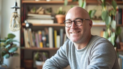 Sticker - A cheerful man with glasses and a sweater smiles warmly, seated in a cozy, plant-filled room with bookshelves behind him.