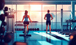 © Miraime - illustration of a woman and a man exercising in the gym, they are seen from behind, their backs to the camera