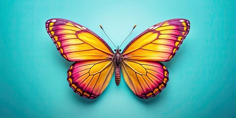 Poster - Vibrant yellow and pink butterfly with wings spread on light blue background, butterfly, vibrant, yellow, pink, wings