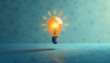 Floating light bulb with glowing filament on blue background