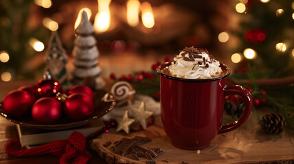 A rich hot chocolate cocktail with a dash of rum, topped with whipped cream and chocolate shavings, served in a festive mug on a cozy fireplace mantel with holiday decorations in the background