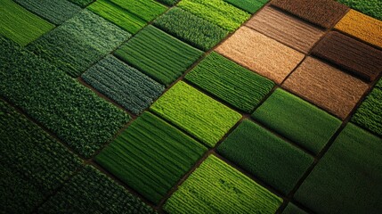 An aerial view showcasing vast, lush green farmland with intricately patterned fields, illustrating the beauty and intricacy of agricultural landscapes from above.