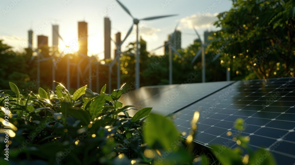 10 Wind turbines and solar panels in a modern city, representing ...