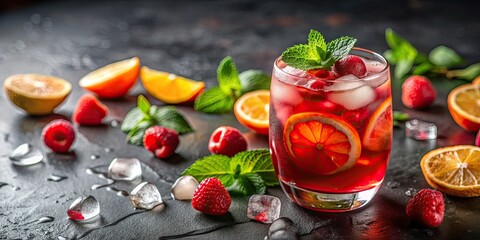 Refreshing red fruit cocktail garnished with ice and citrus, refreshing, red, fruit, cocktail, ice