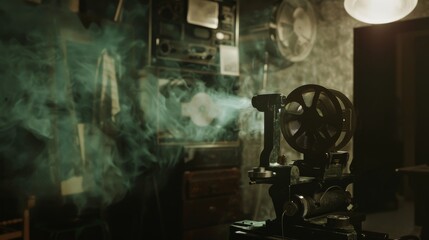 Vintage film projector emanates a beam of light and mist, evoking nostalgia in an old-style cinema or film archive setting.