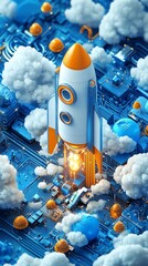 Canvas Print - Rocket Launching from Circuit Board into Clouds.