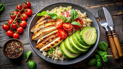 Sticker - Protein-rich meal with grilled chicken, quinoa, avocado, and vegetables, healthy, nutrition, food, meal, protein